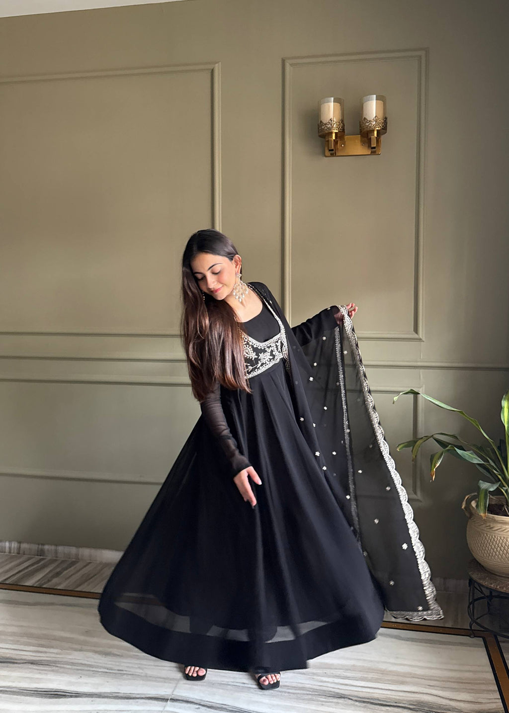 Women's Fox Georgette Anarkali Gown with Lace Work Dupatta