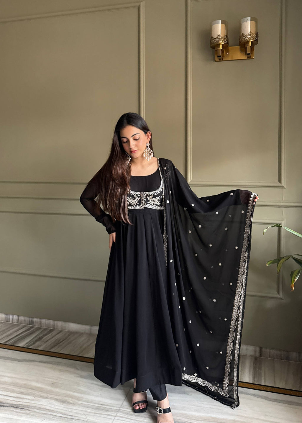 Women's Fox Georgette Anarkali Gown with Lace Work Dupatta