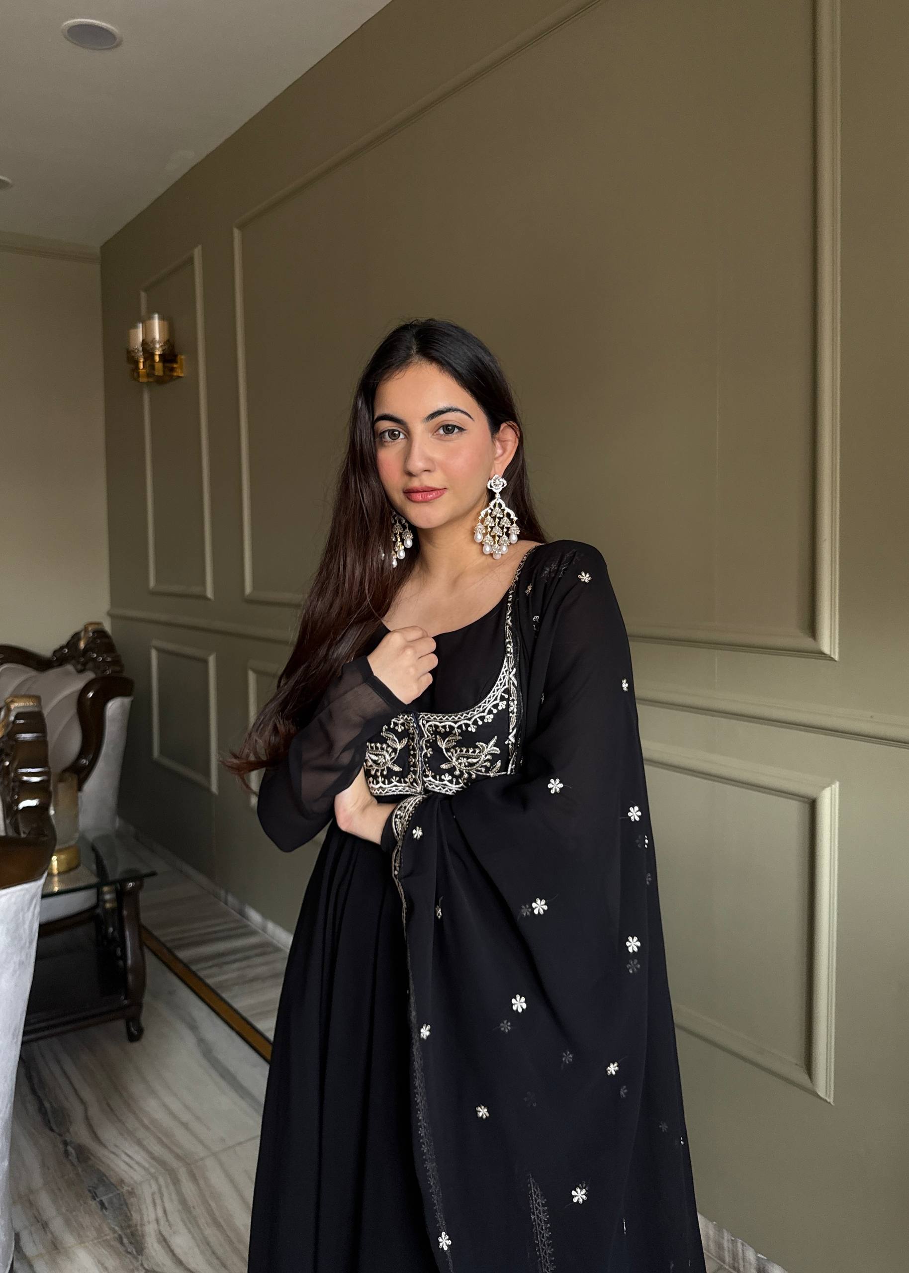 Women's Fox Georgette Anarkali Gown with Lace Work Dupatta
