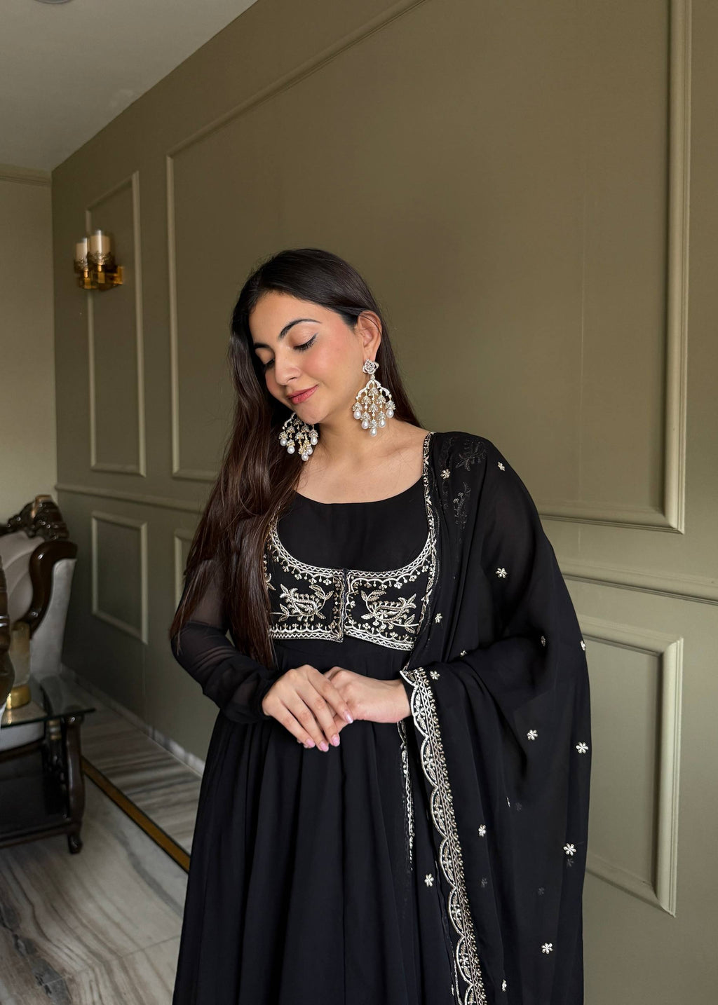 Women's Fox Georgette Anarkali Gown with Lace Work Dupatta