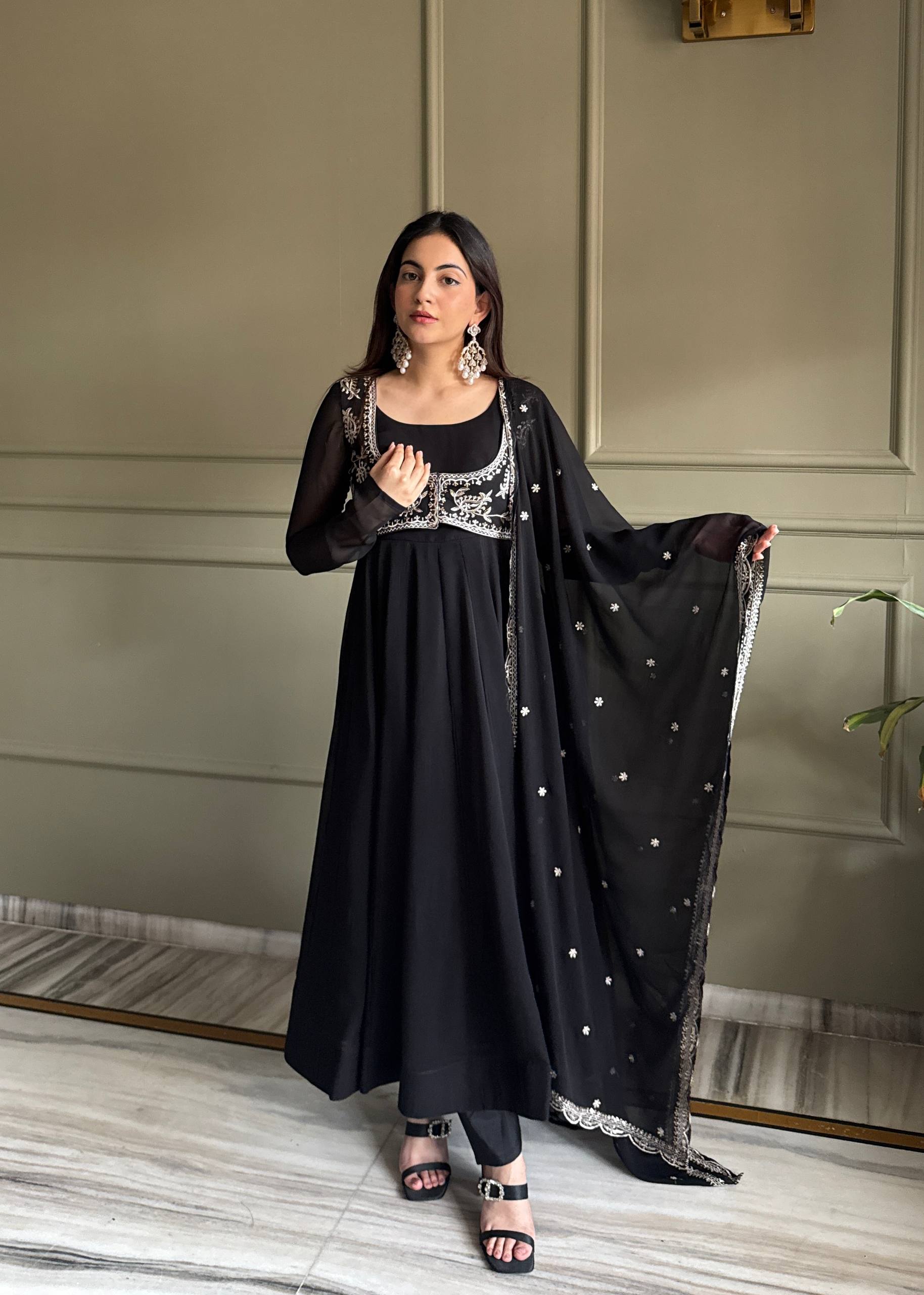 Women's Fox Georgette Anarkali Gown with Lace Work Dupatta