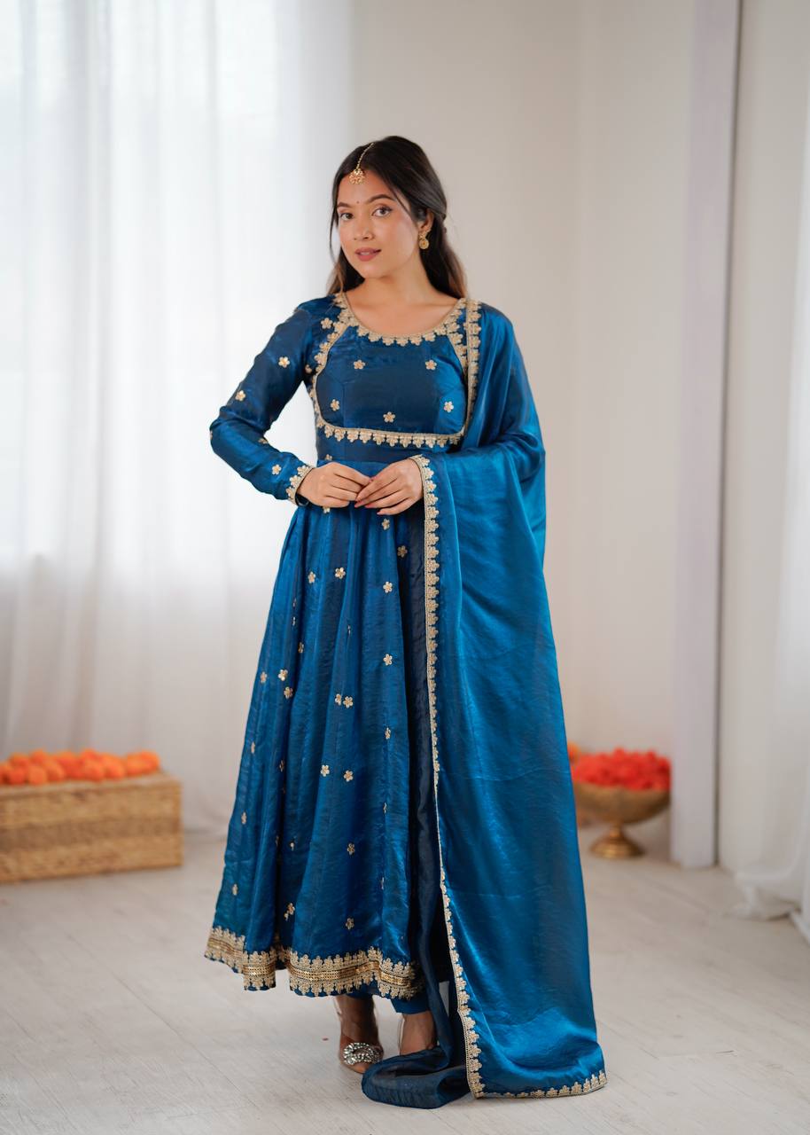 Women's Fandy Silk Embroidered Gown Set with Pant and Dupatta