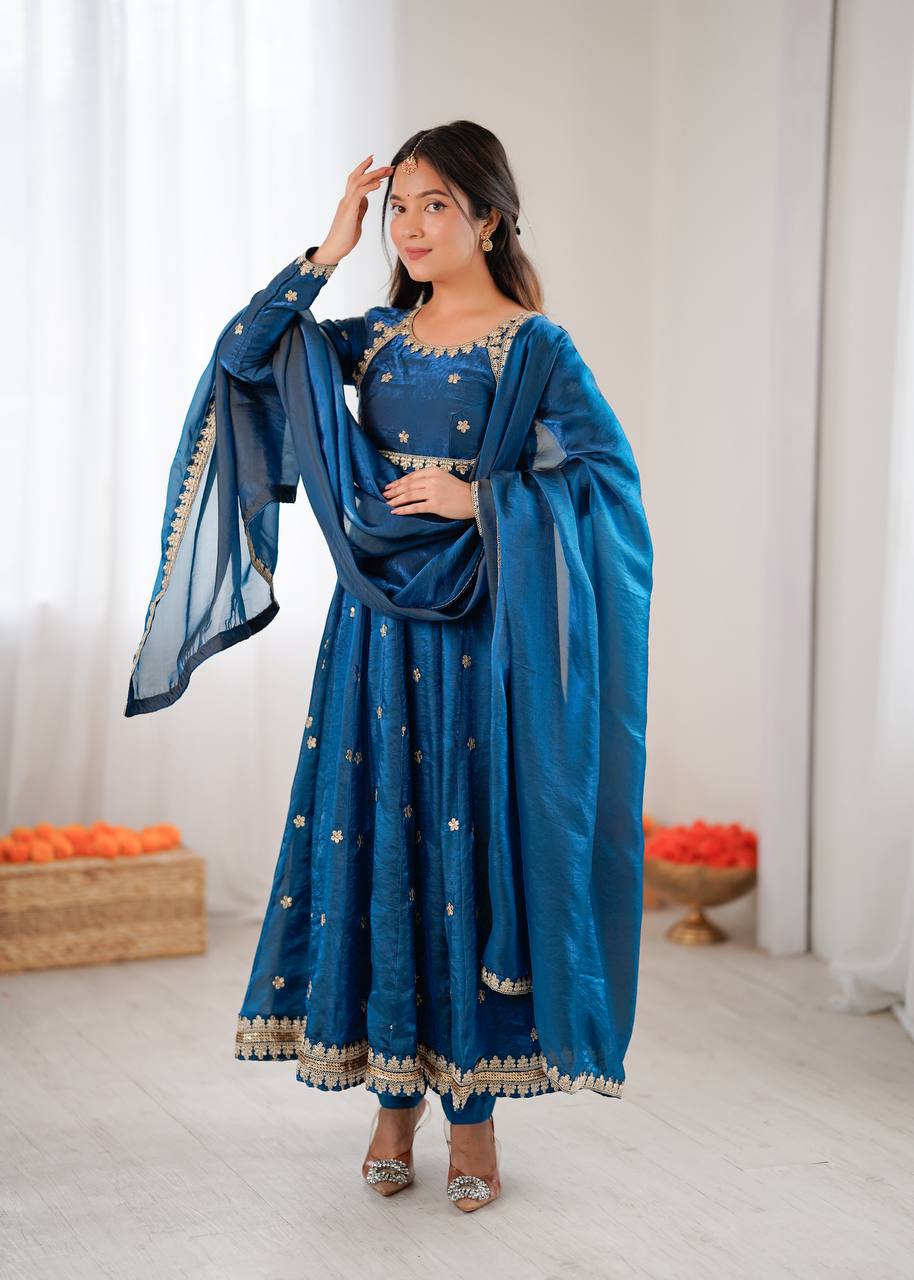 Women's Fandy Silk Embroidered Gown Set with Pant and Dupatta