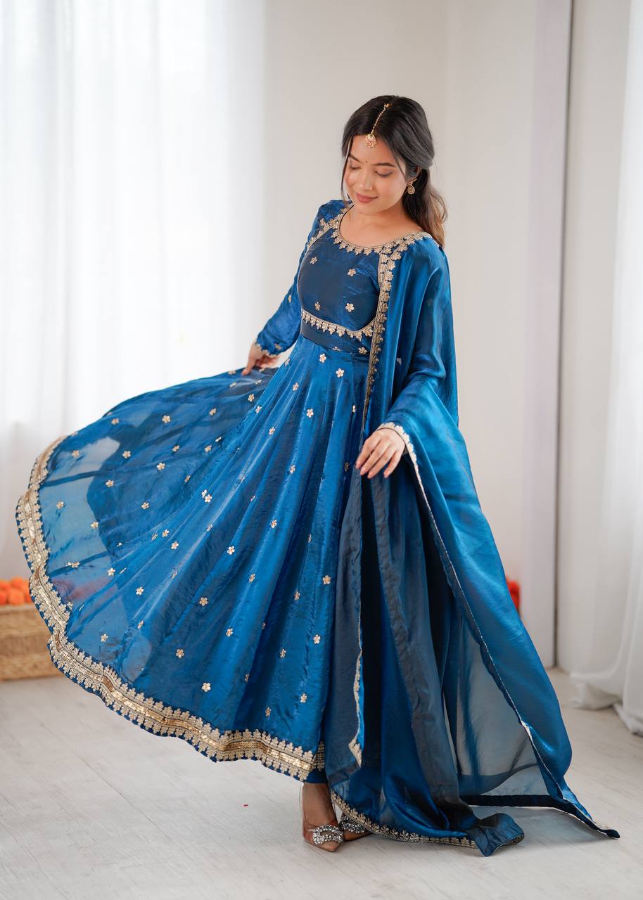 Women's Fandy Silk Embroidered Gown Set with Pant and Dupatta