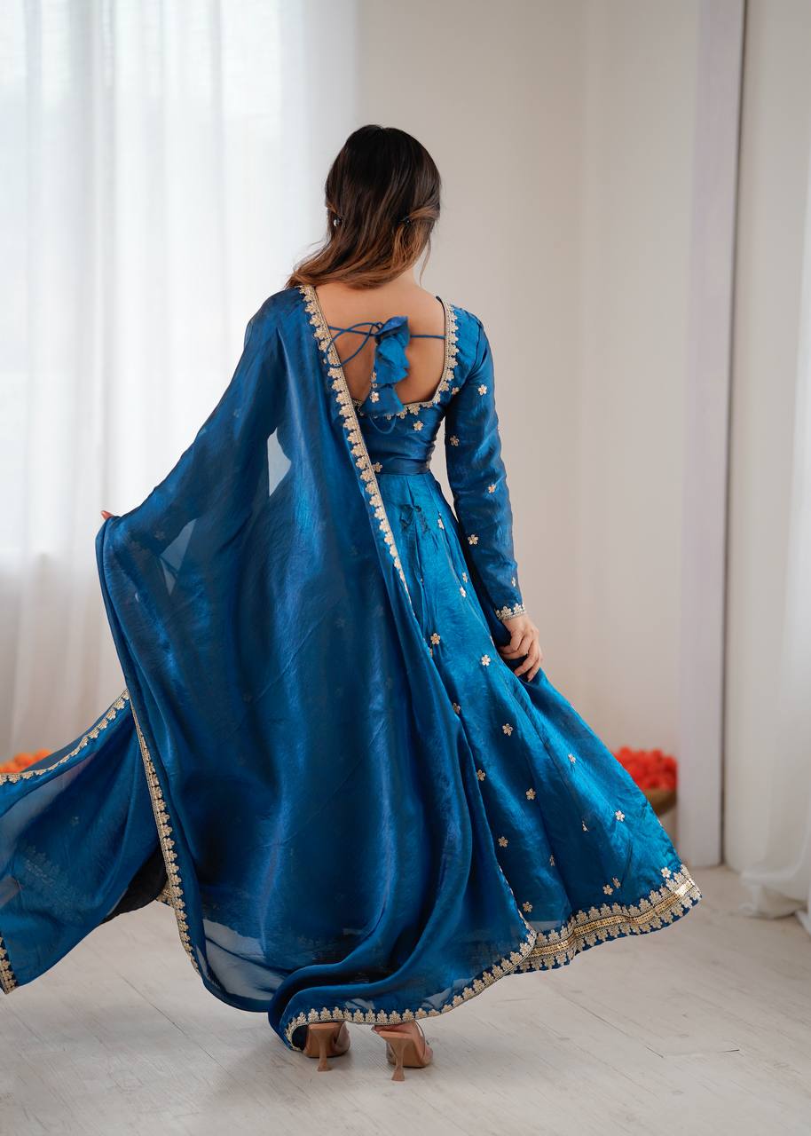 Women's Fandy Silk Embroidered Gown Set with Pant and Dupatta