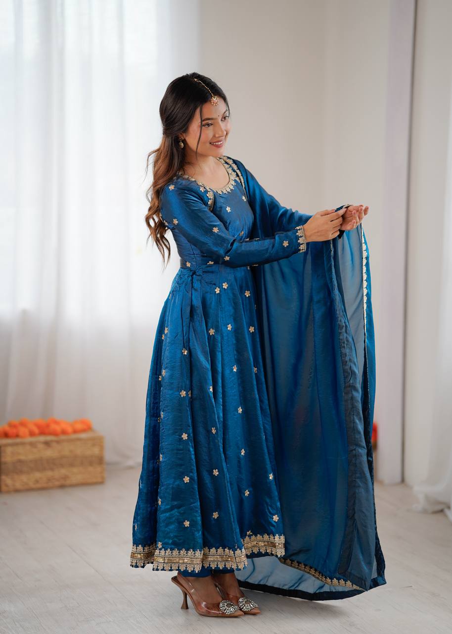 Women's Fandy Silk Embroidered Gown Set with Pant and Dupatta