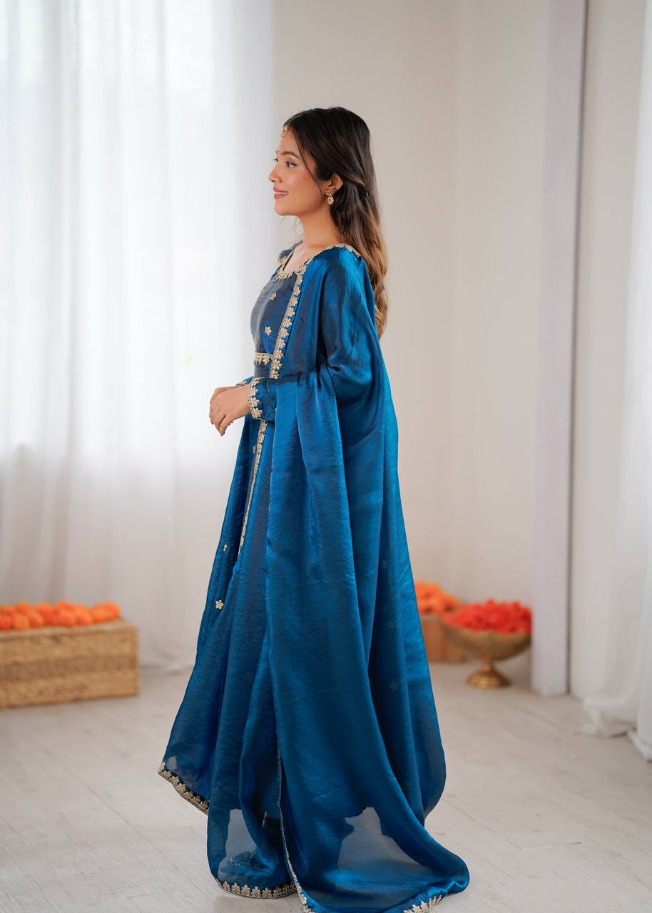 Women's Fandy Silk Embroidered Gown Set with Pant and Dupatta