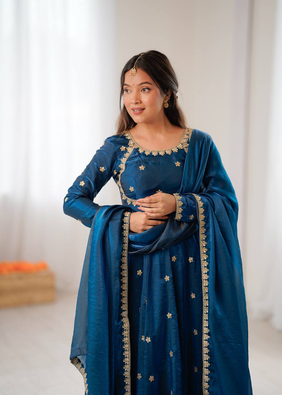Women's Fandy Silk Embroidered Gown Set with Pant and Dupatta