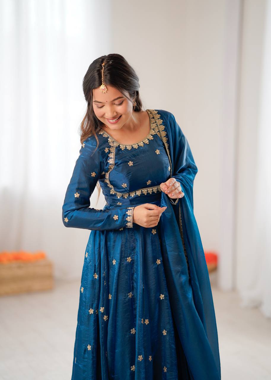 Women's Fandy Silk Embroidered Gown Set with Pant and Dupatta