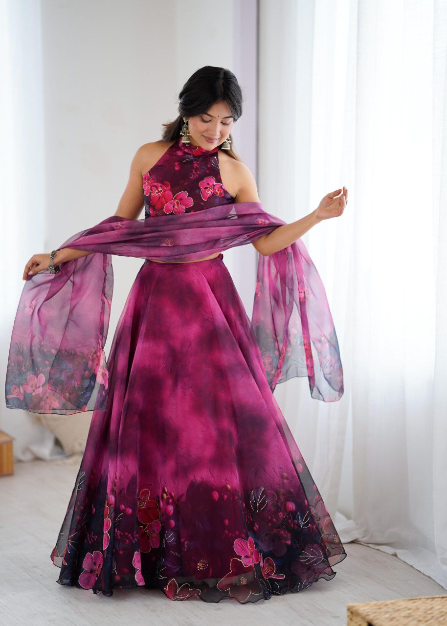 Pure Organza Digital Printed Lehenga Choli with Jari Work & Dupatta