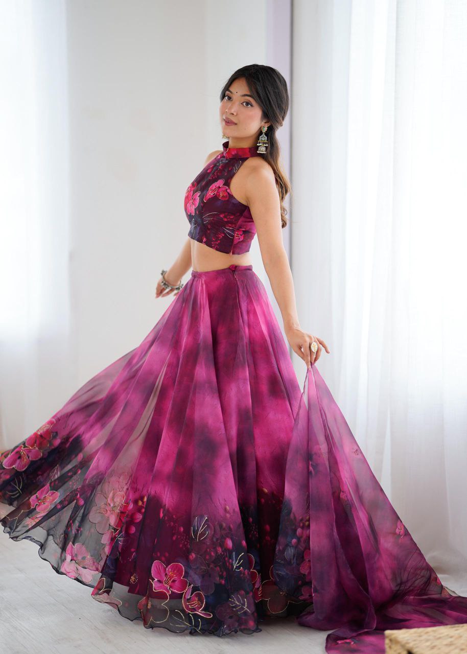 Pure Organza Digital Printed Lehenga Choli with Jari Work & Dupatta