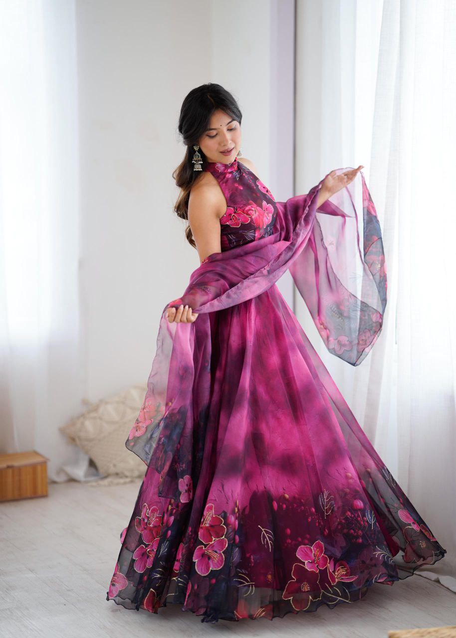 Pure Organza Digital Printed Lehenga Choli with Jari Work & Dupatta