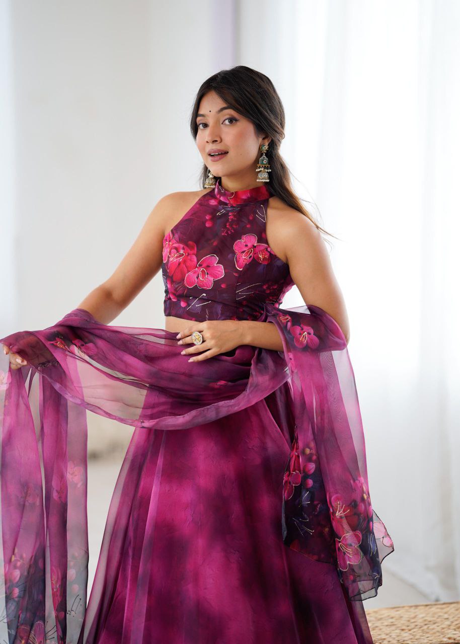 Pure Organza Digital Printed Lehenga Choli with Jari Work & Dupatta