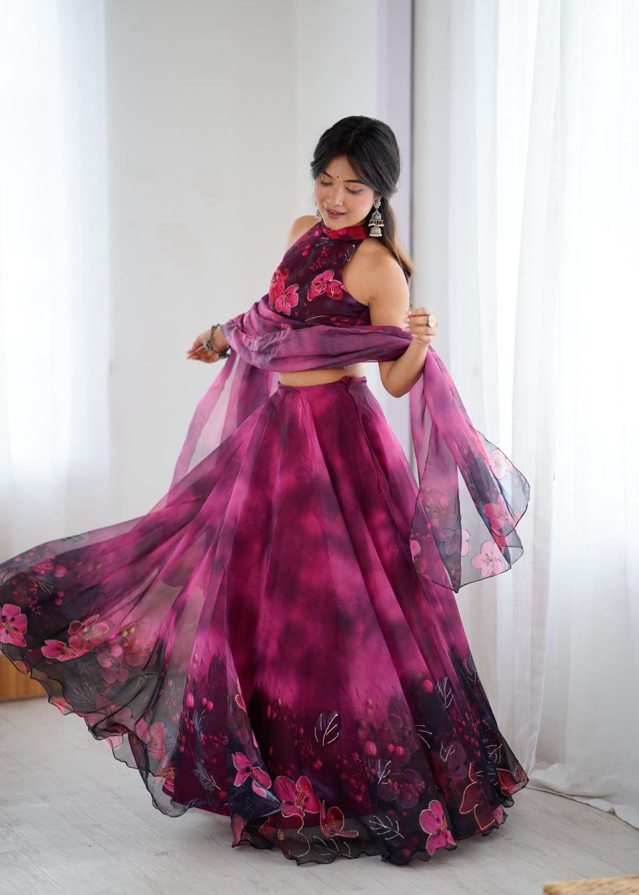 Pure Organza Digital Printed Lehenga Choli with Jari Work & Dupatta