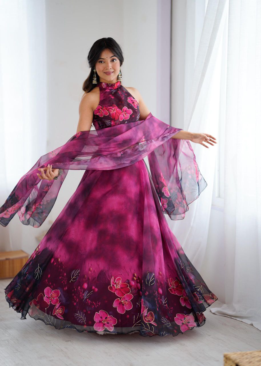 Pure Organza Digital Printed Lehenga Choli with Jari Work & Dupatta