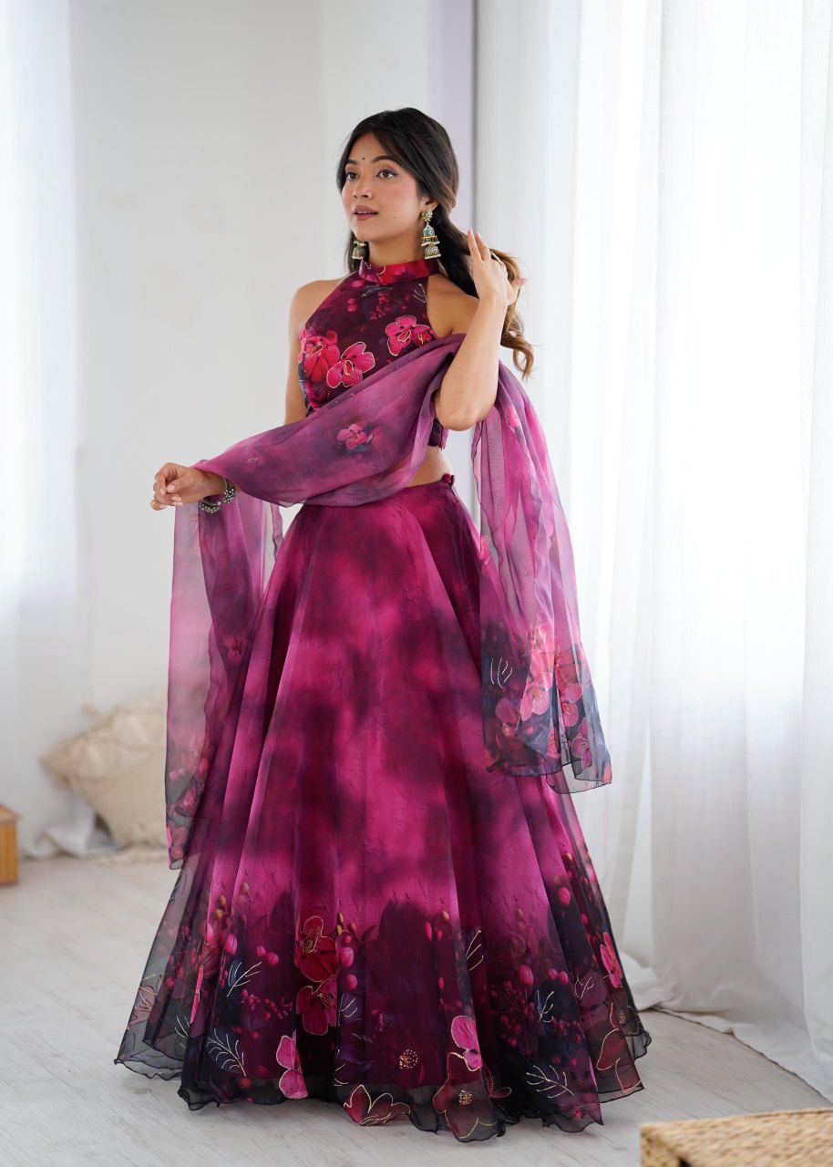Pure Organza Digital Printed Lehenga Choli with Jari Work & Dupatta