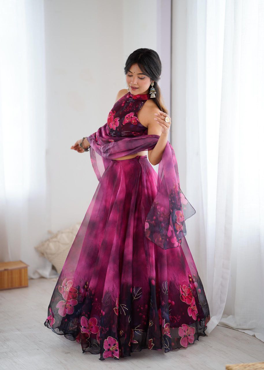 Pure Organza Digital Printed Lehenga Choli with Jari Work & Dupatta