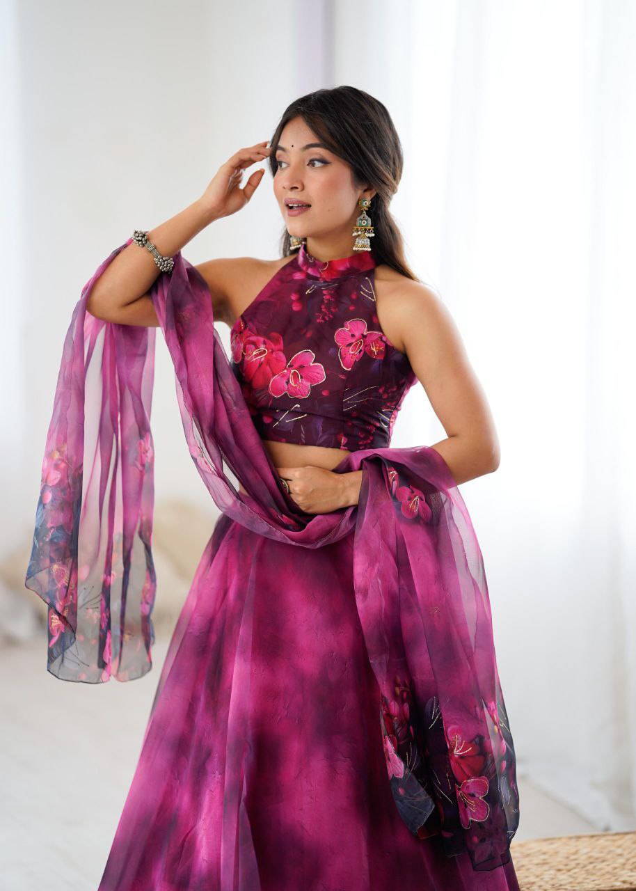 Pure Organza Digital Printed Lehenga Choli with Jari Work & Dupatta