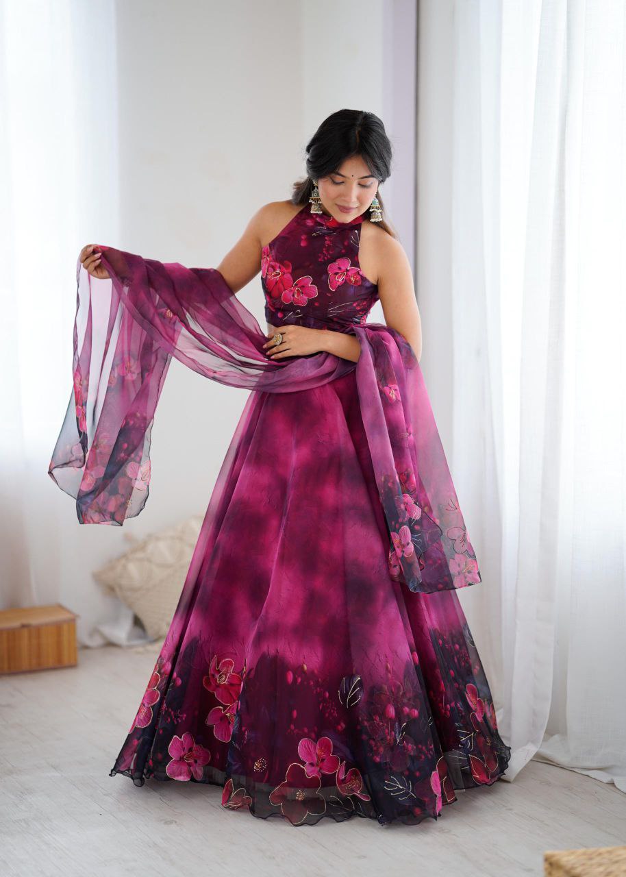 Pure Organza Digital Printed Lehenga Choli with Jari Work & Dupatta
