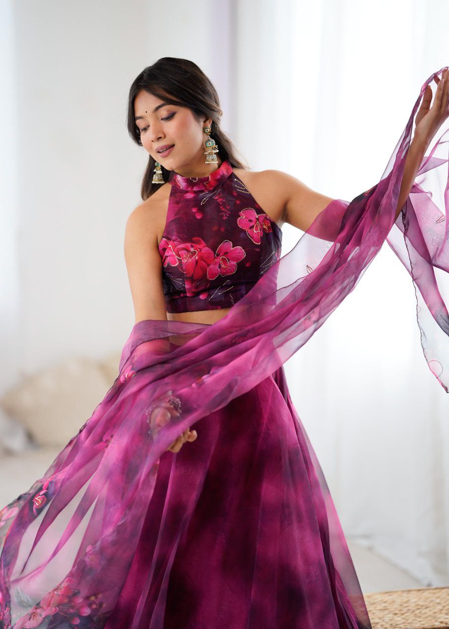Pure Organza Digital Printed Lehenga Choli with Jari Work & Dupatta