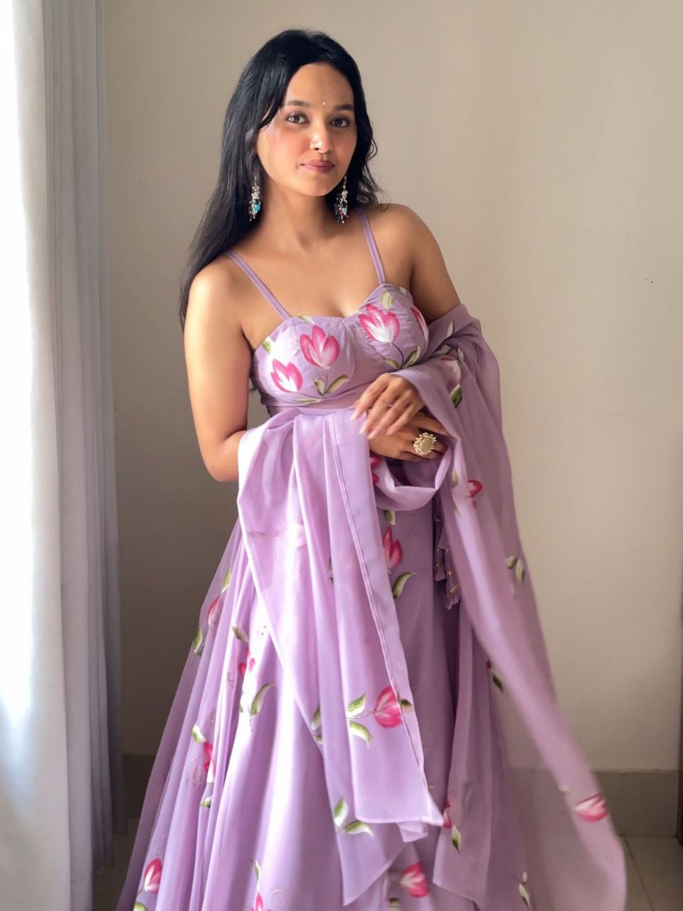 Pure Georgette Hand-Painted Lehenga Choli with Corset Blouse & Dupatta