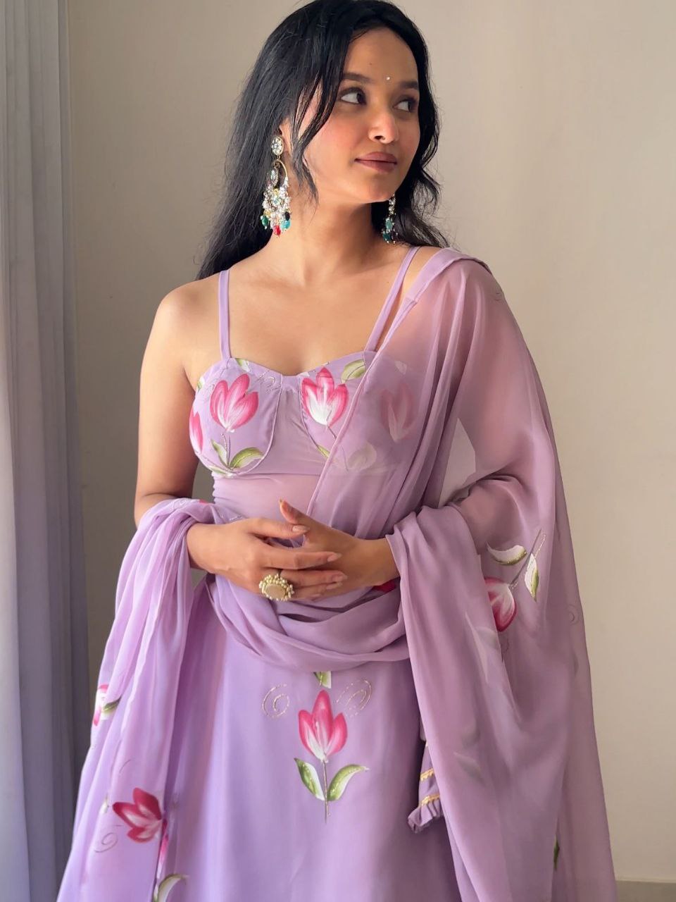 Pure Georgette Hand-Painted Lehenga Choli with Corset Blouse & Dupatta