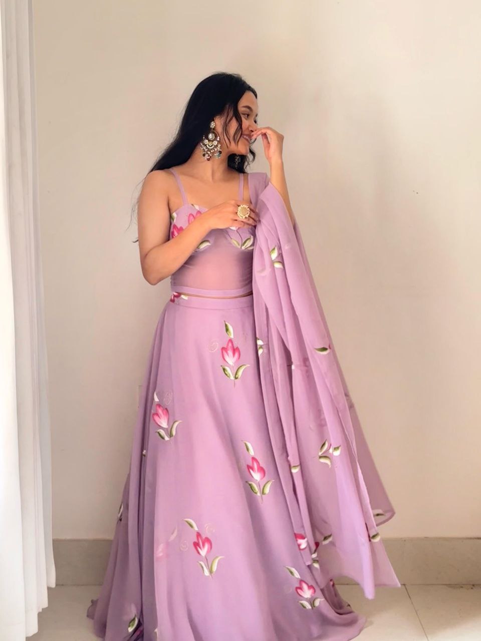 Pure Georgette Hand-Painted Lehenga Choli with Corset Blouse & Dupatta