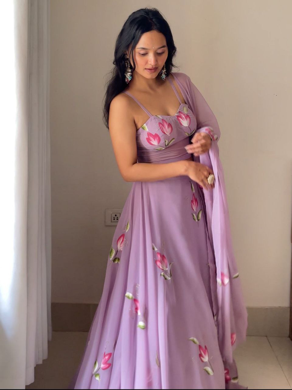 Pure Georgette Hand-Painted Lehenga Choli with Corset Blouse & Dupatta