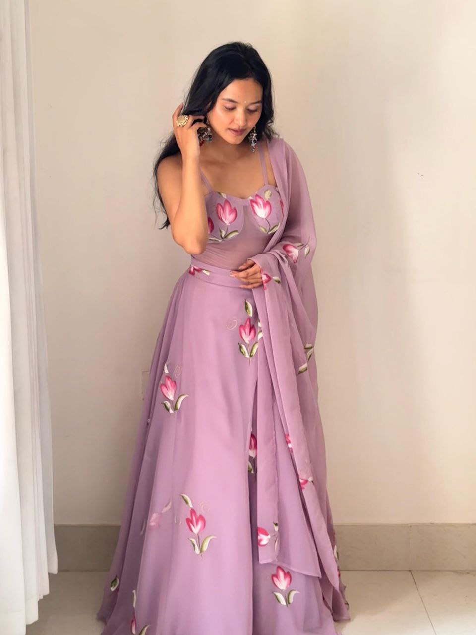 Pure Georgette Hand-Painted Lehenga Choli with Corset Blouse & Dupatta