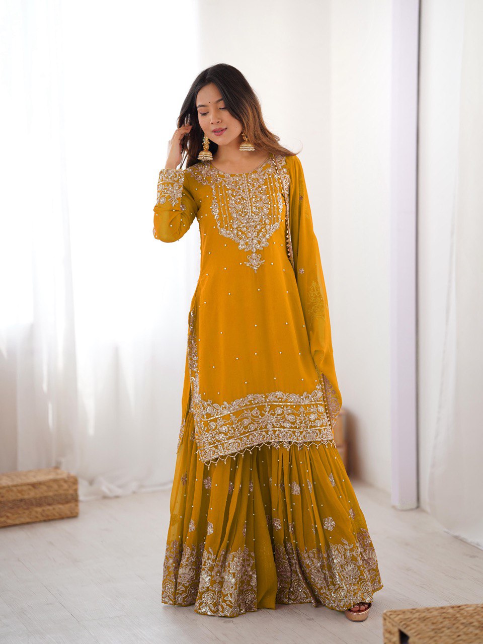 Women's Faux Georgette Embroidered Sharara Set with Dupatta