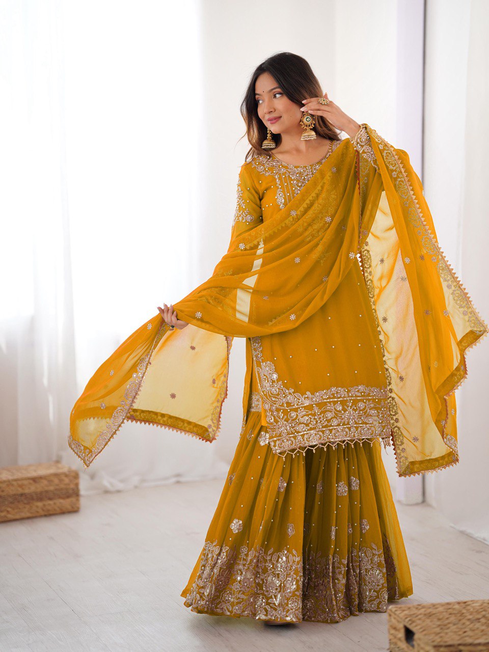 Women's Faux Georgette Embroidered Sharara Set with Dupatta