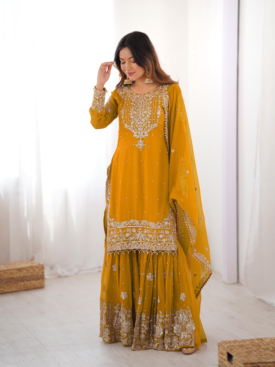 Women's Faux Georgette Embroidered Sharara Set with Dupatta