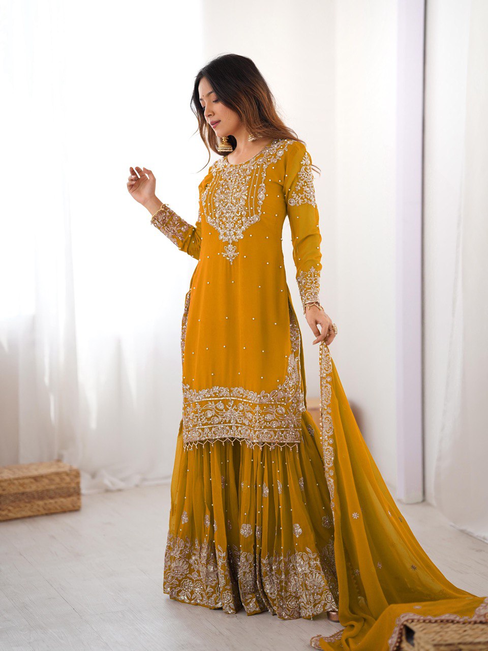 Women's Faux Georgette Embroidered Sharara Set with Dupatta