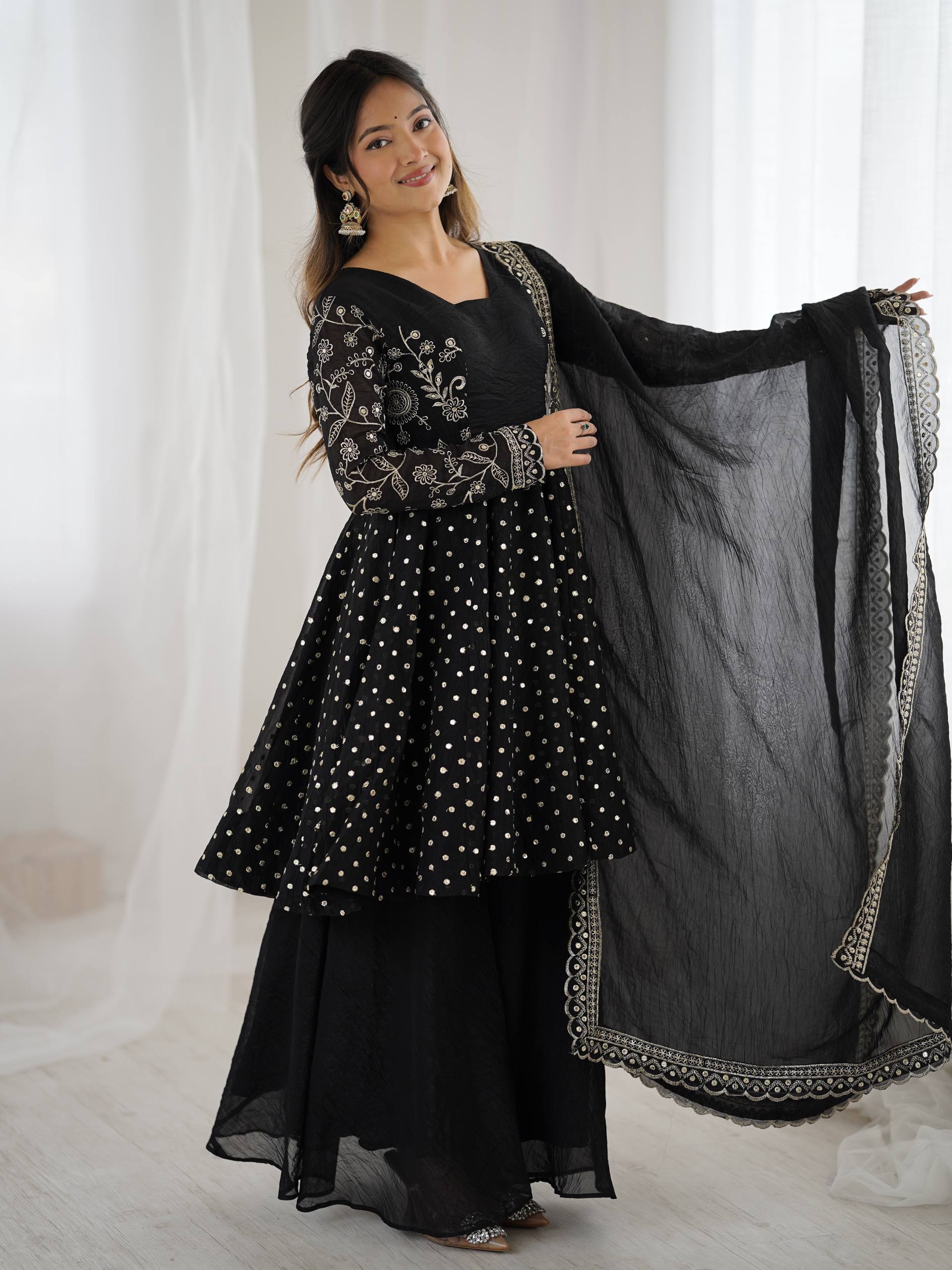Women's Crunchy Silk Embroidered Sharara Palazzo Set with Dupatta