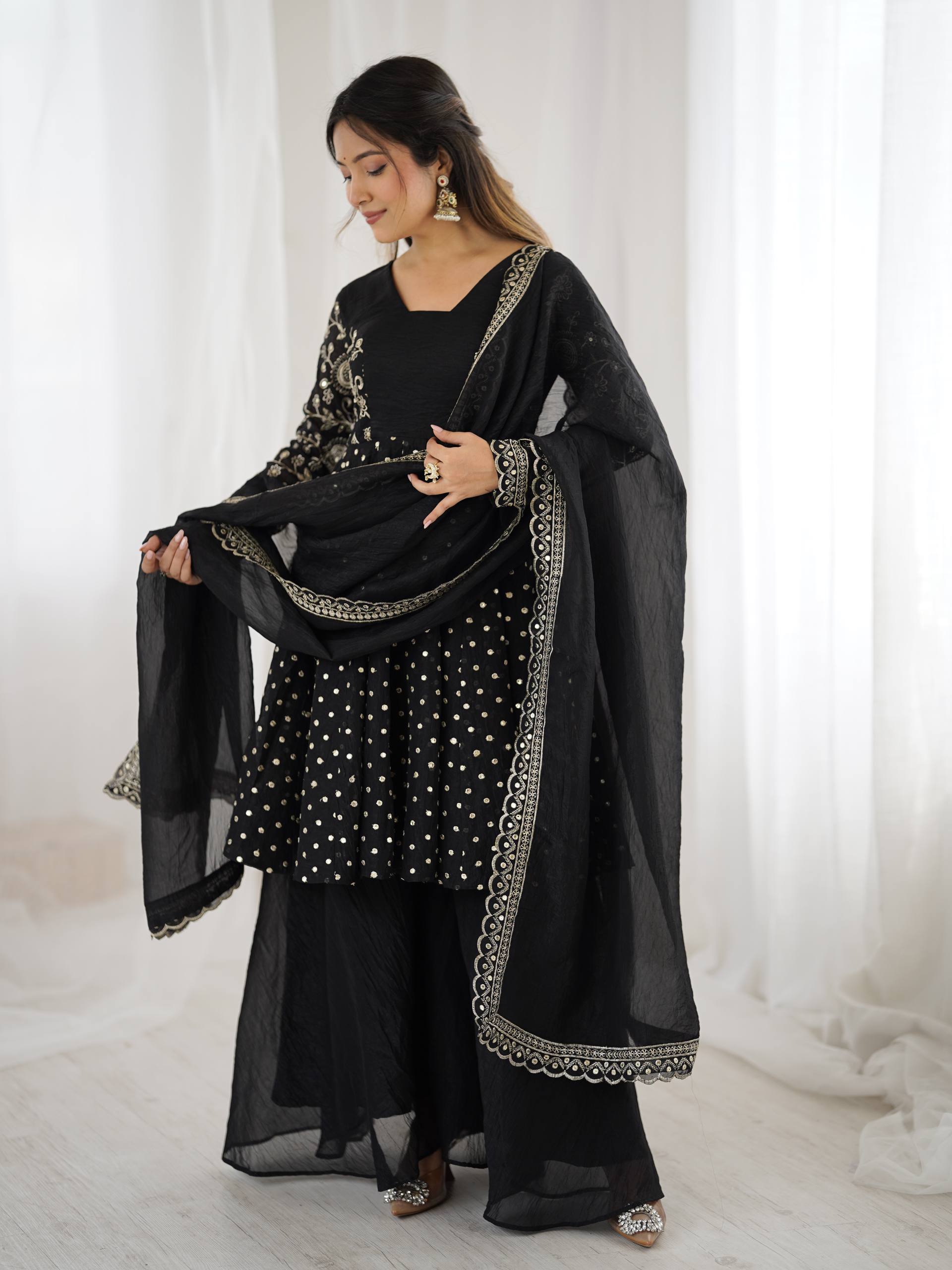 Women's Crunchy Silk Embroidered Sharara Palazzo Set with Dupatta