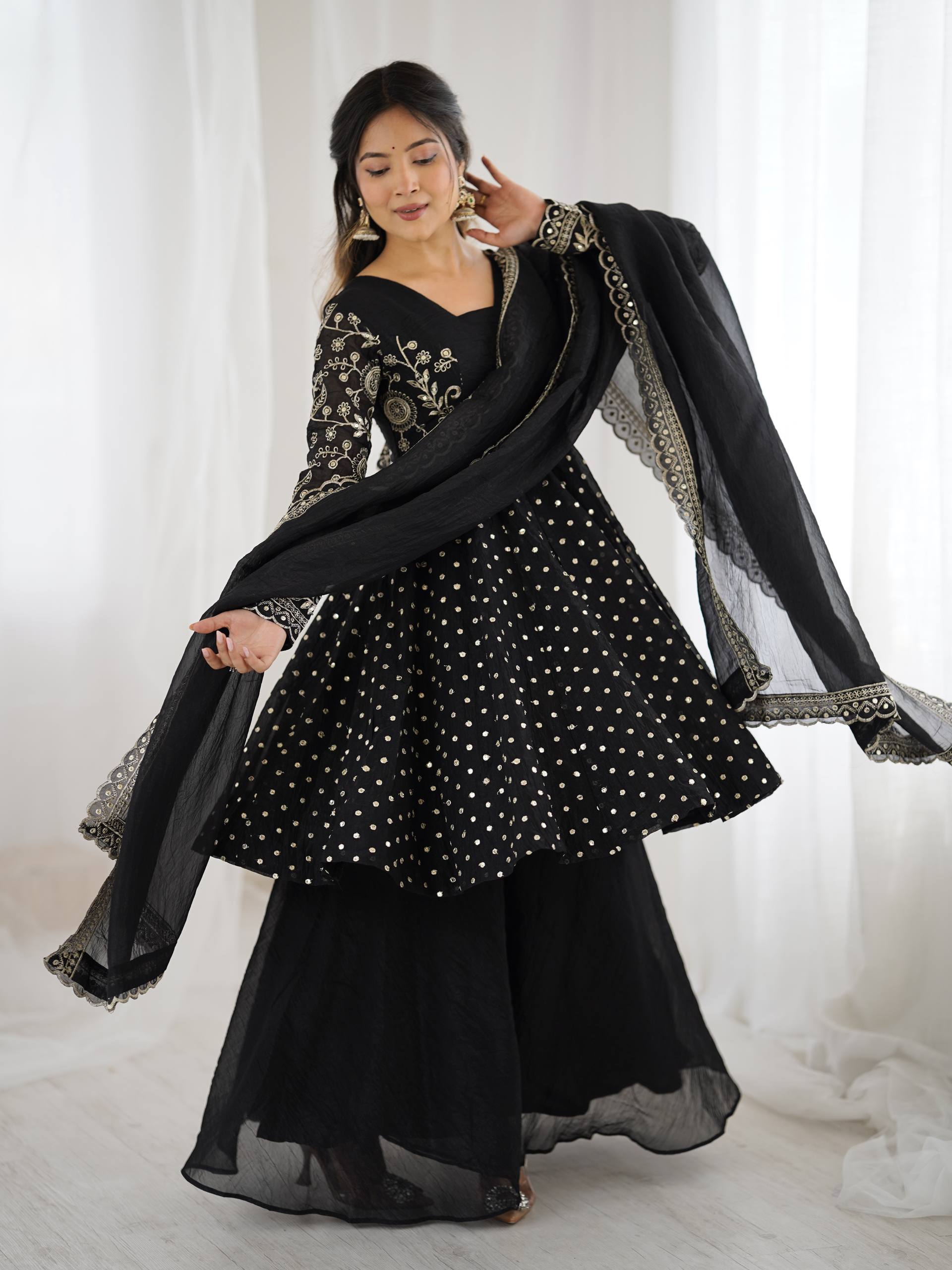 Women's Crunchy Silk Embroidered Sharara Palazzo Set with Dupatta