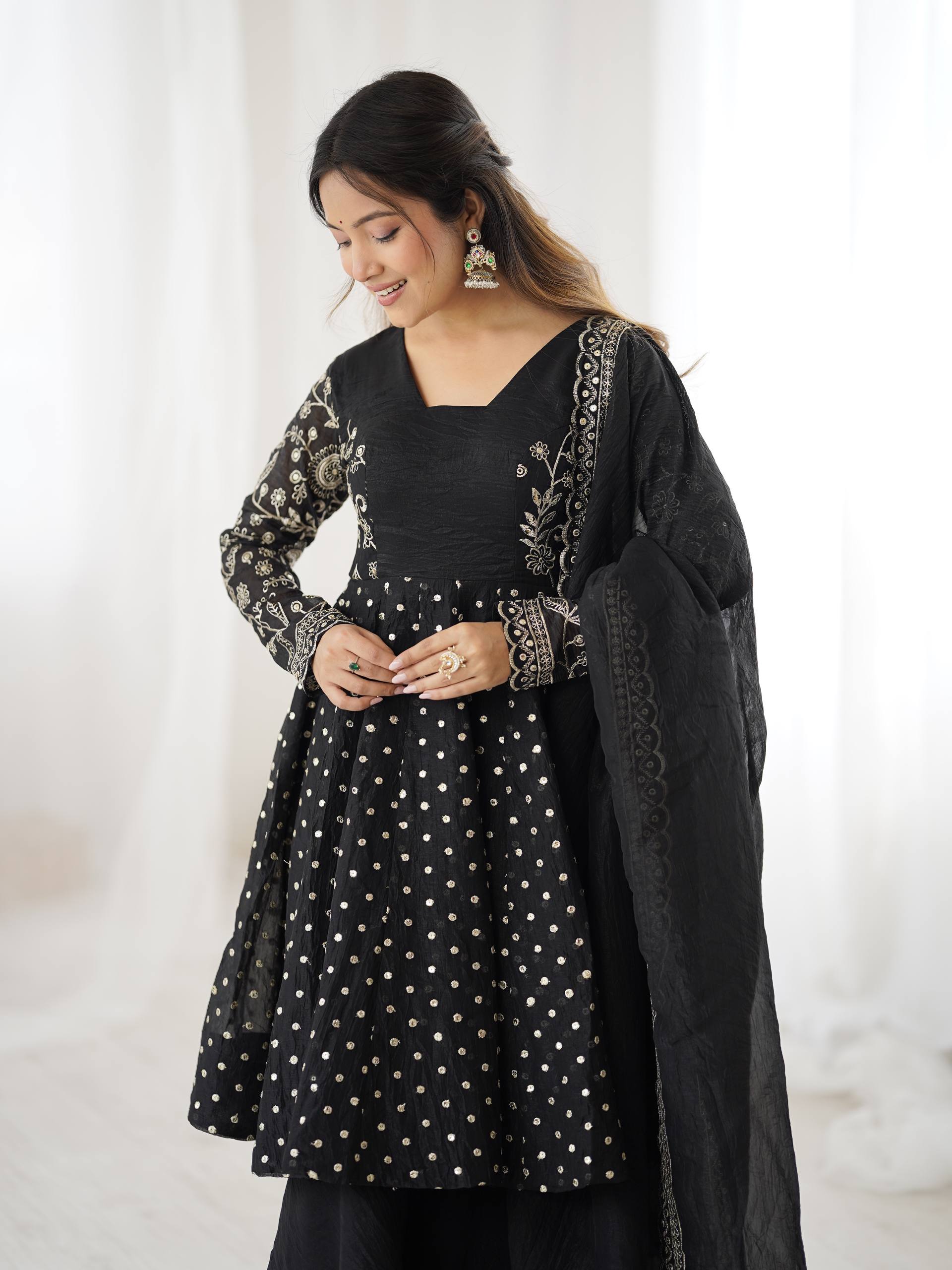 Women's Crunchy Silk Embroidered Sharara Palazzo Set with Dupatta
