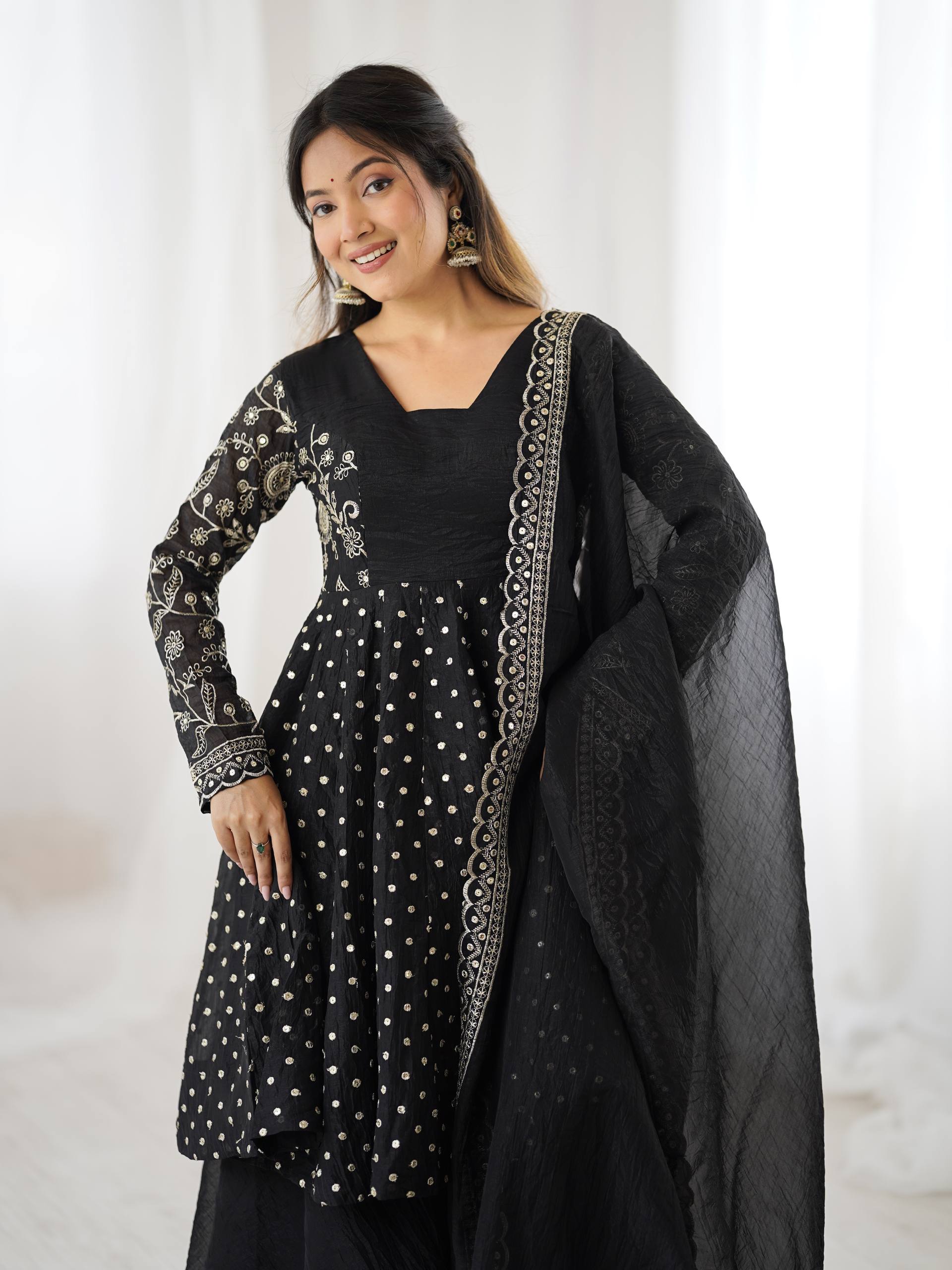 Women's Crunchy Silk Embroidered Sharara Palazzo Set with Dupatta