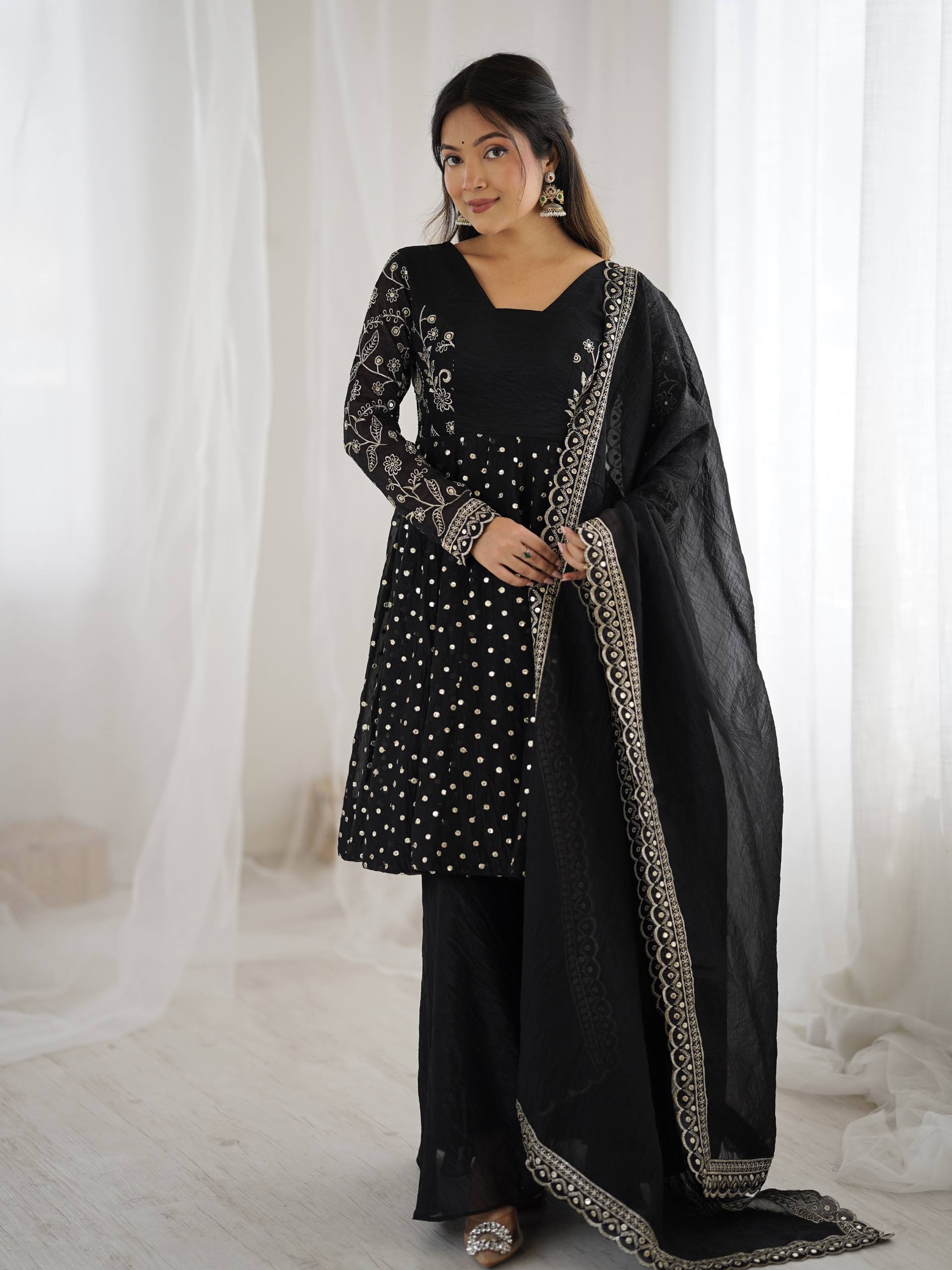 Women's Crunchy Silk Embroidered Sharara Palazzo Set with Dupatta