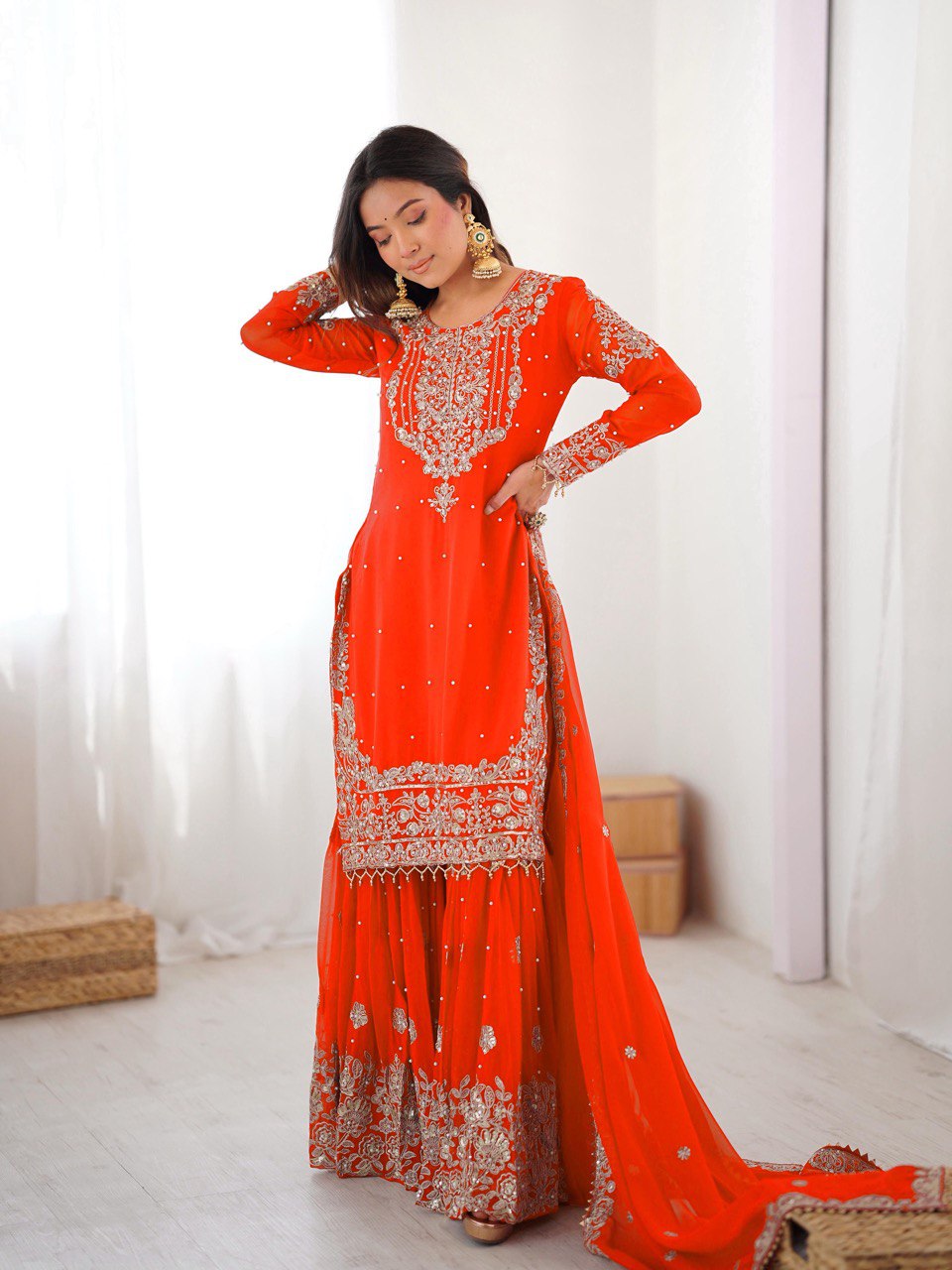 Women's Faux Georgette Embroidered Sharara Set with Dupatta