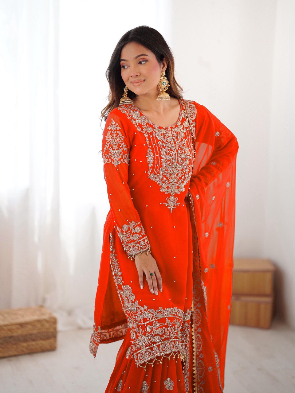 Women's Faux Georgette Embroidered Sharara Set with Dupatta