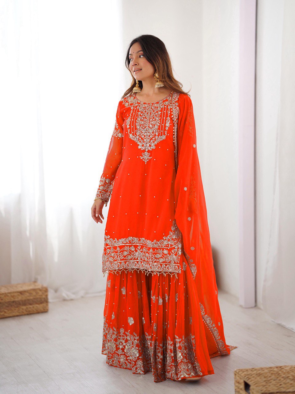 Women's Faux Georgette Embroidered Sharara Set with Dupatta