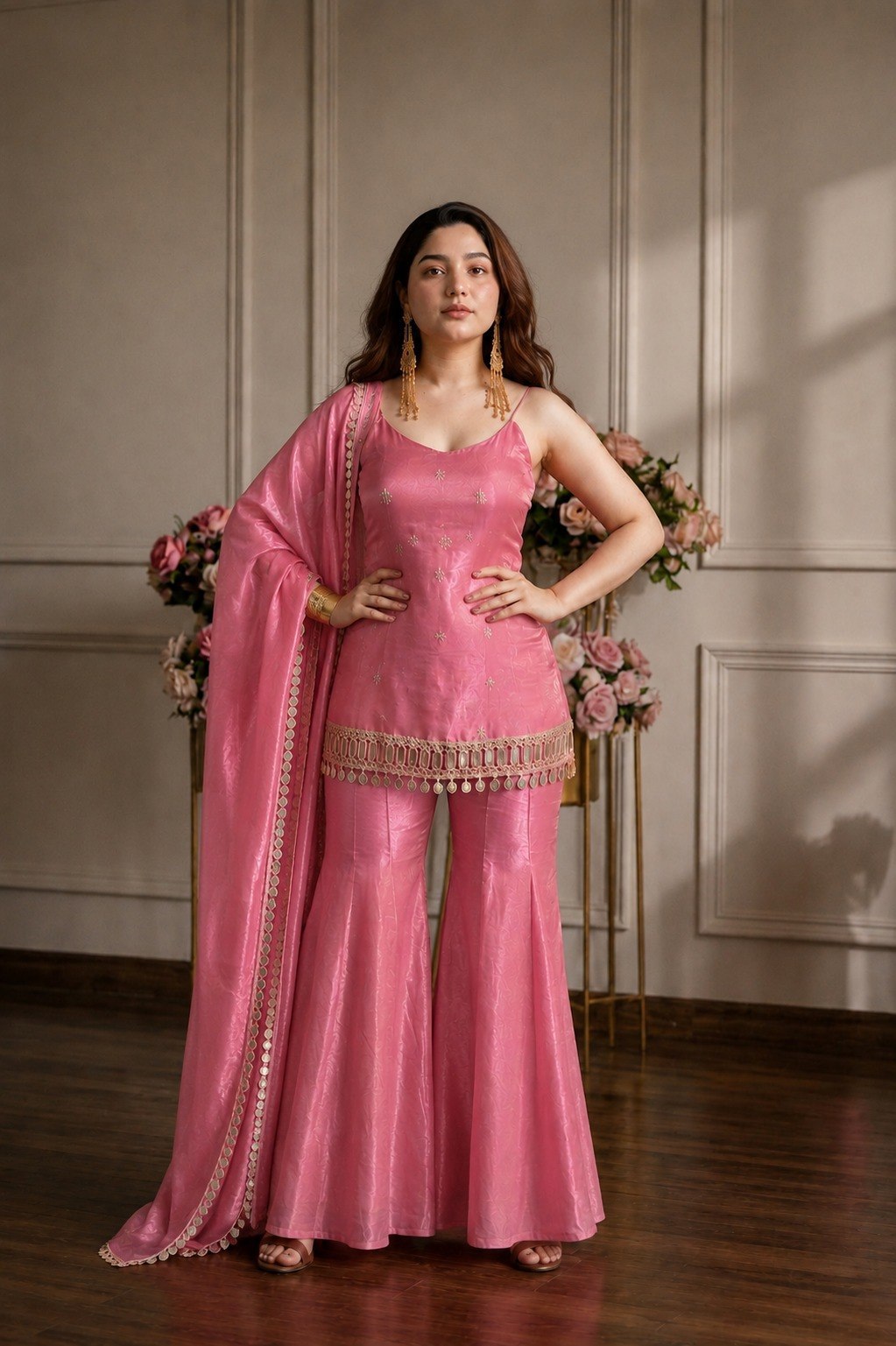 Women's Fandy Embroidered Sharara Suit Set with Mirror Work Dupatta