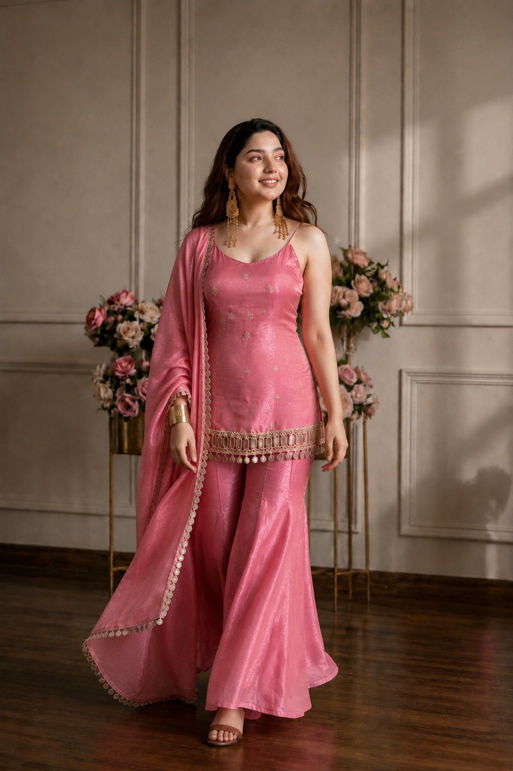 Women's Fandy Embroidered Sharara Suit Set with Mirror Work Dupatta