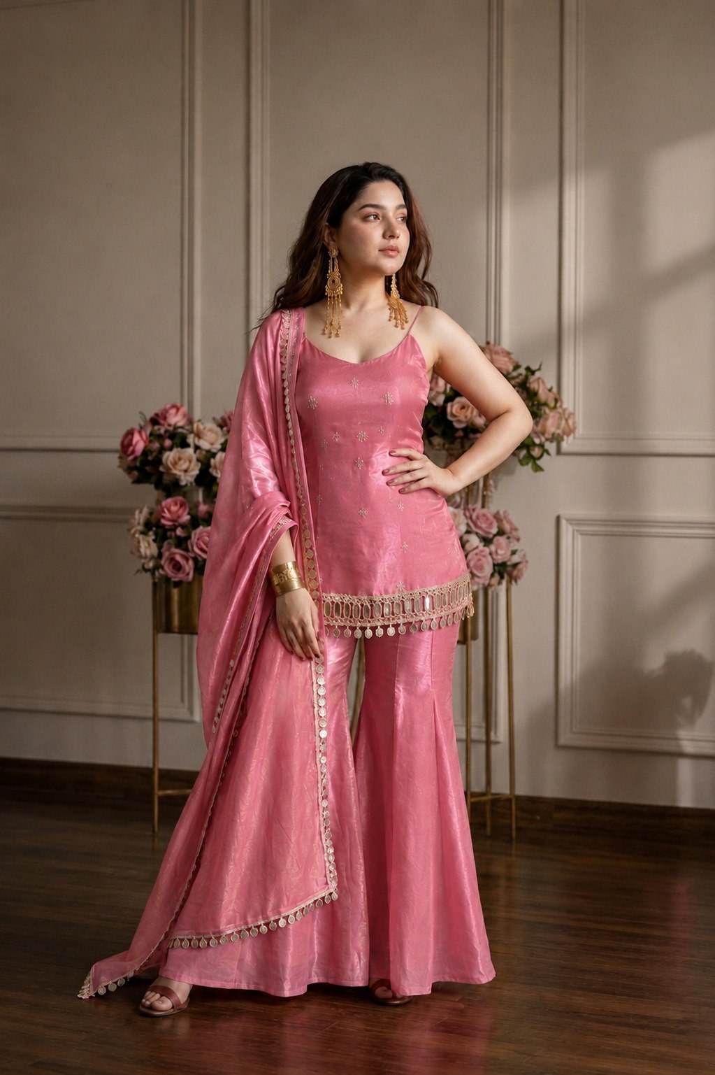 Women's Fandy Embroidered Sharara Suit Set with Mirror Work Dupatta