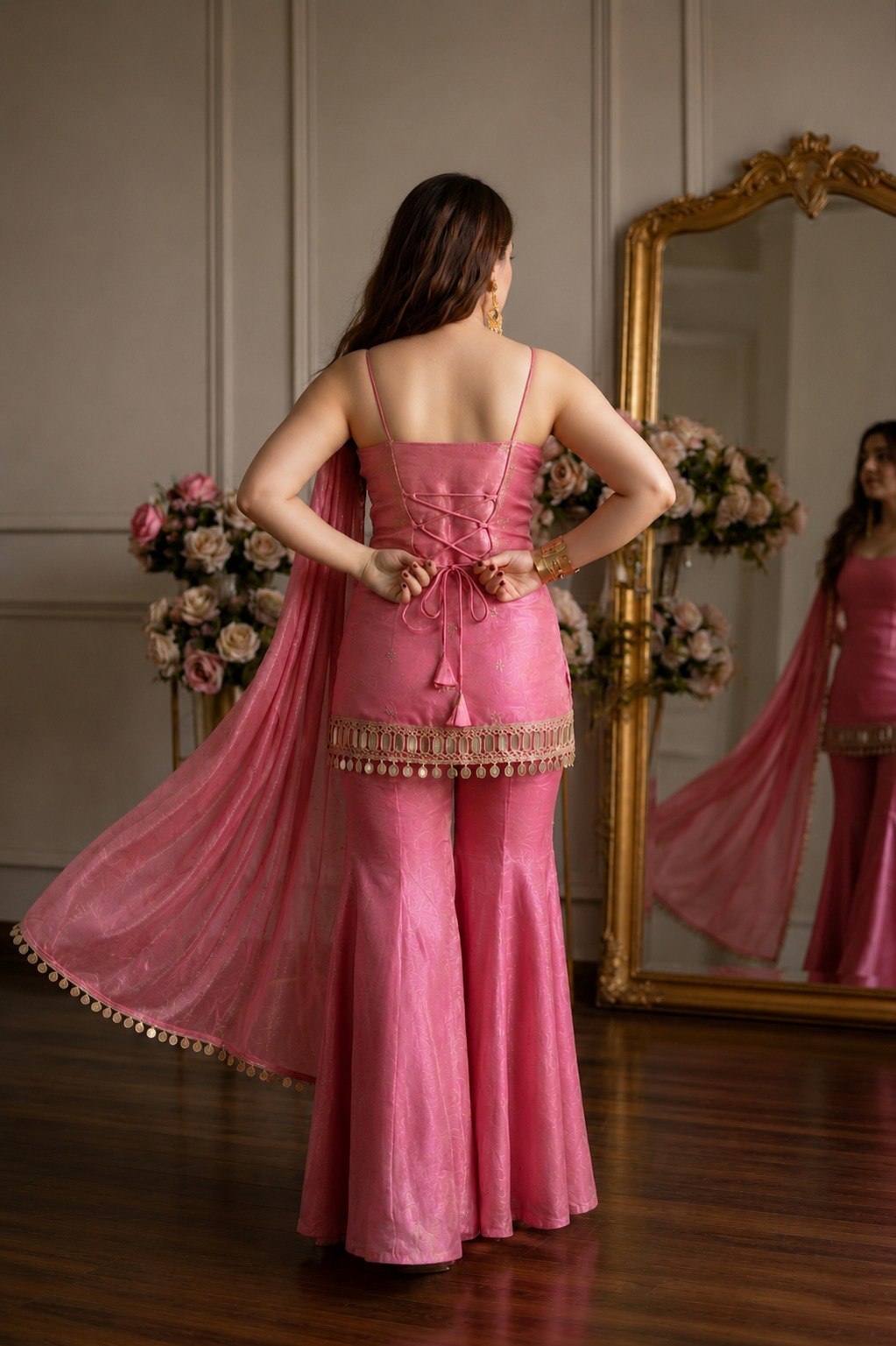 Women's Fandy Embroidered Sharara Suit Set with Mirror Work Dupatta