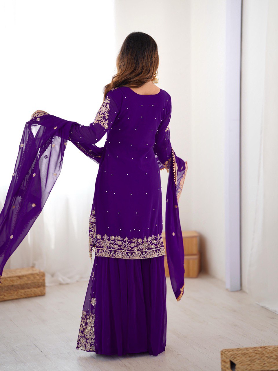 Women's Faux Georgette Embroidered Sharara Set with Dupatta