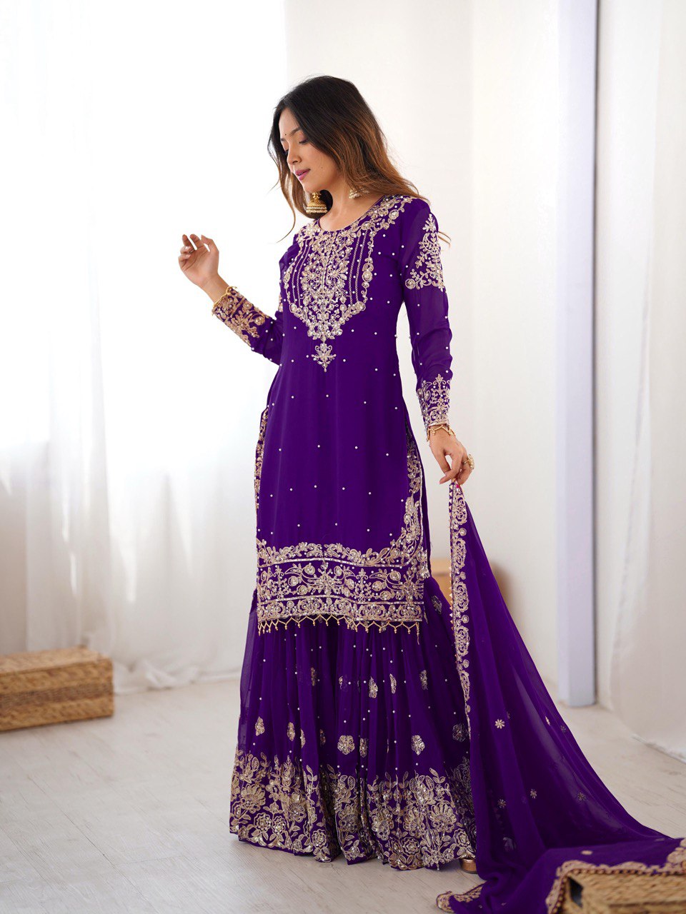 Women's Faux Georgette Embroidered Sharara Set with Dupatta