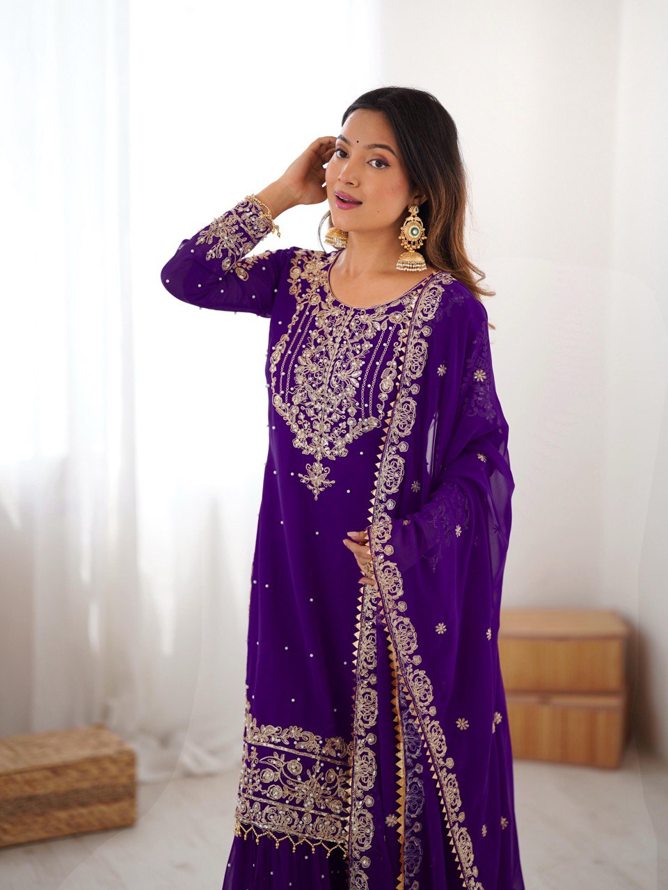 Women's Faux Georgette Embroidered Sharara Set with Dupatta