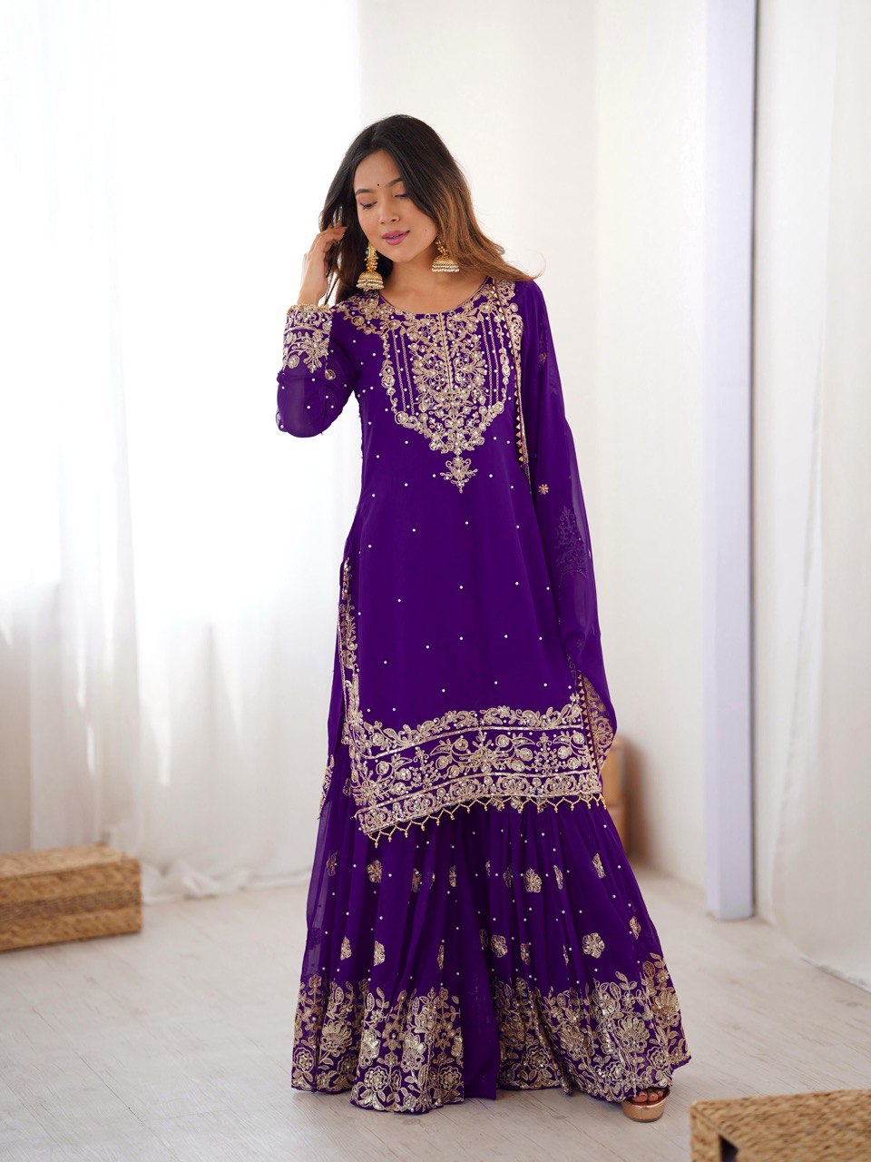 Women's Faux Georgette Embroidered Sharara Set with Dupatta